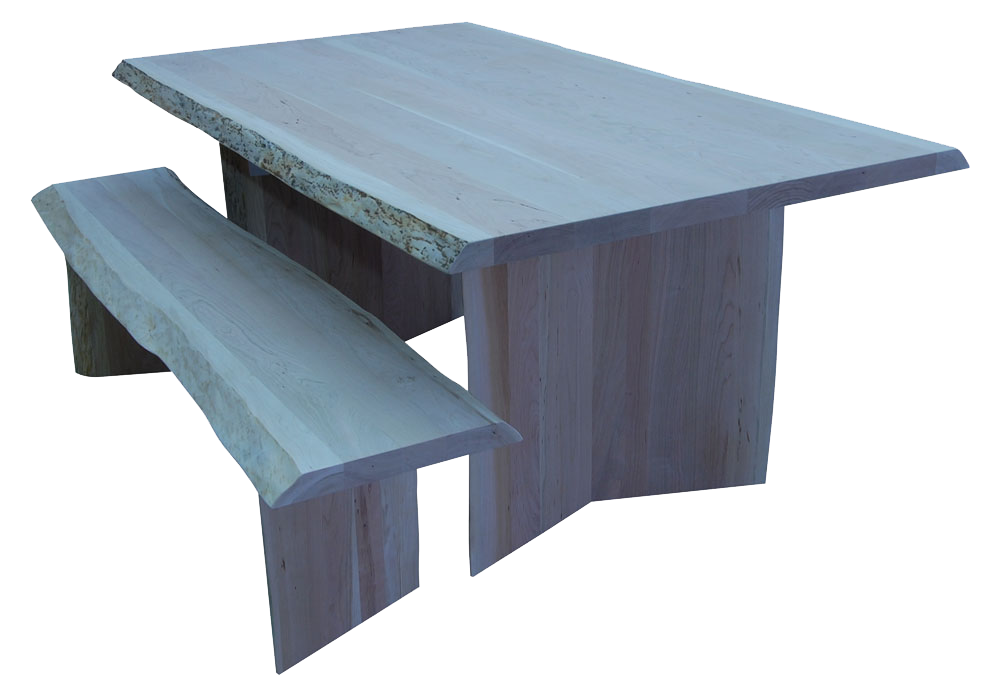 Arcadia table and bench with live edge shown in unfinished wormy maple