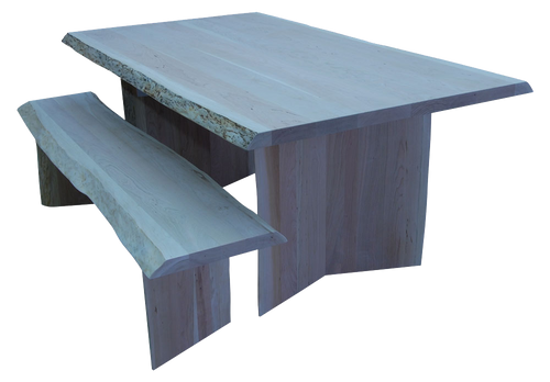 Arcadia table and bench with live edge shown in unfinished wormy maple