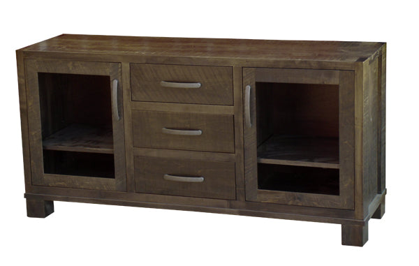 Backwoods TV stand in finished rustic wormy maple